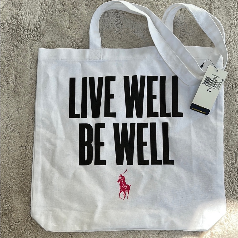 White Tote Bag with Black Text and Red Logo